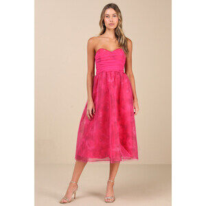 Lulus Splendidly Yours Pink Floral Organza Mesh Strapless Midi Dress - Size L